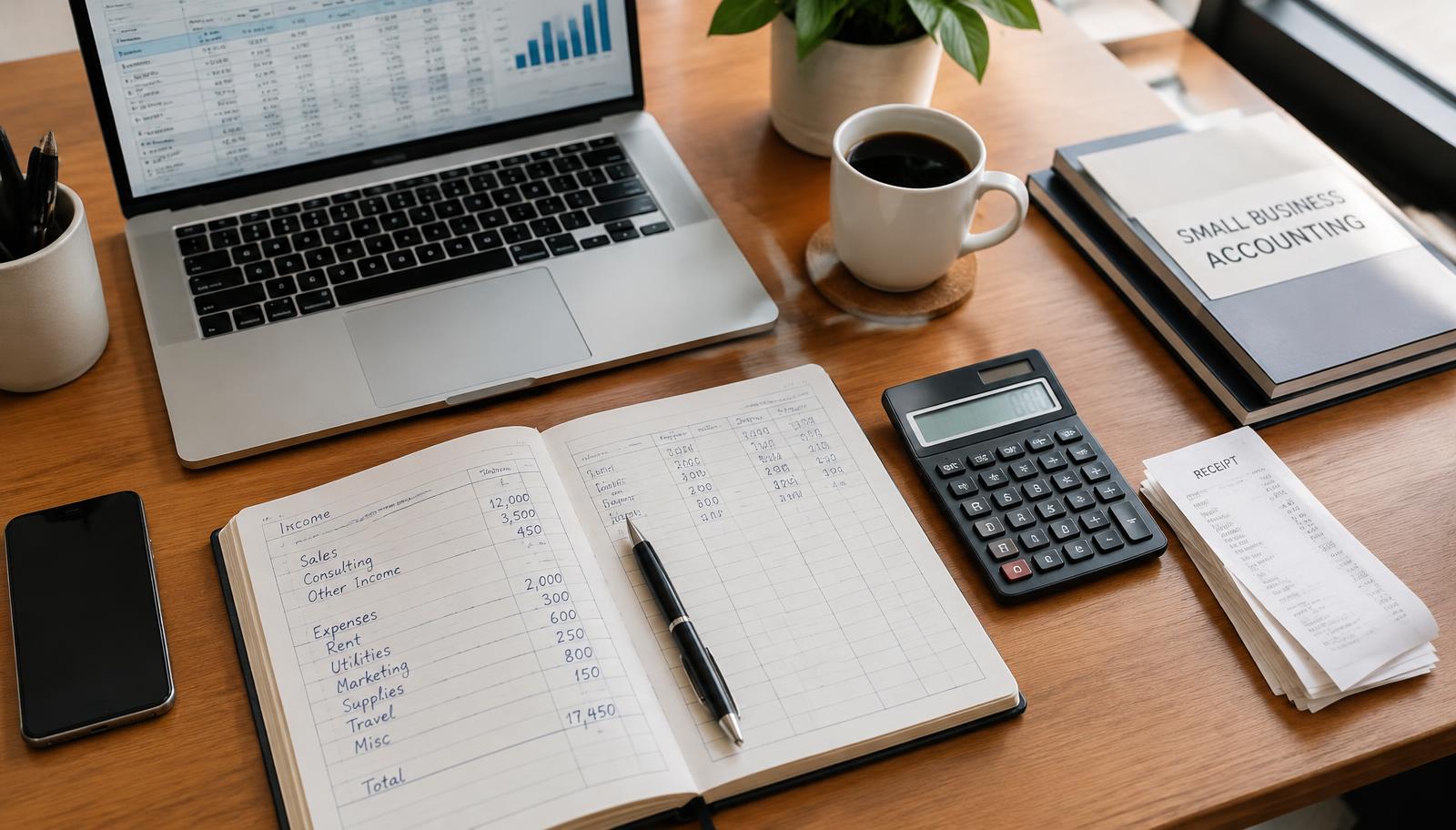 Organized desk with a ledger book, laptop, calculator, and receipts