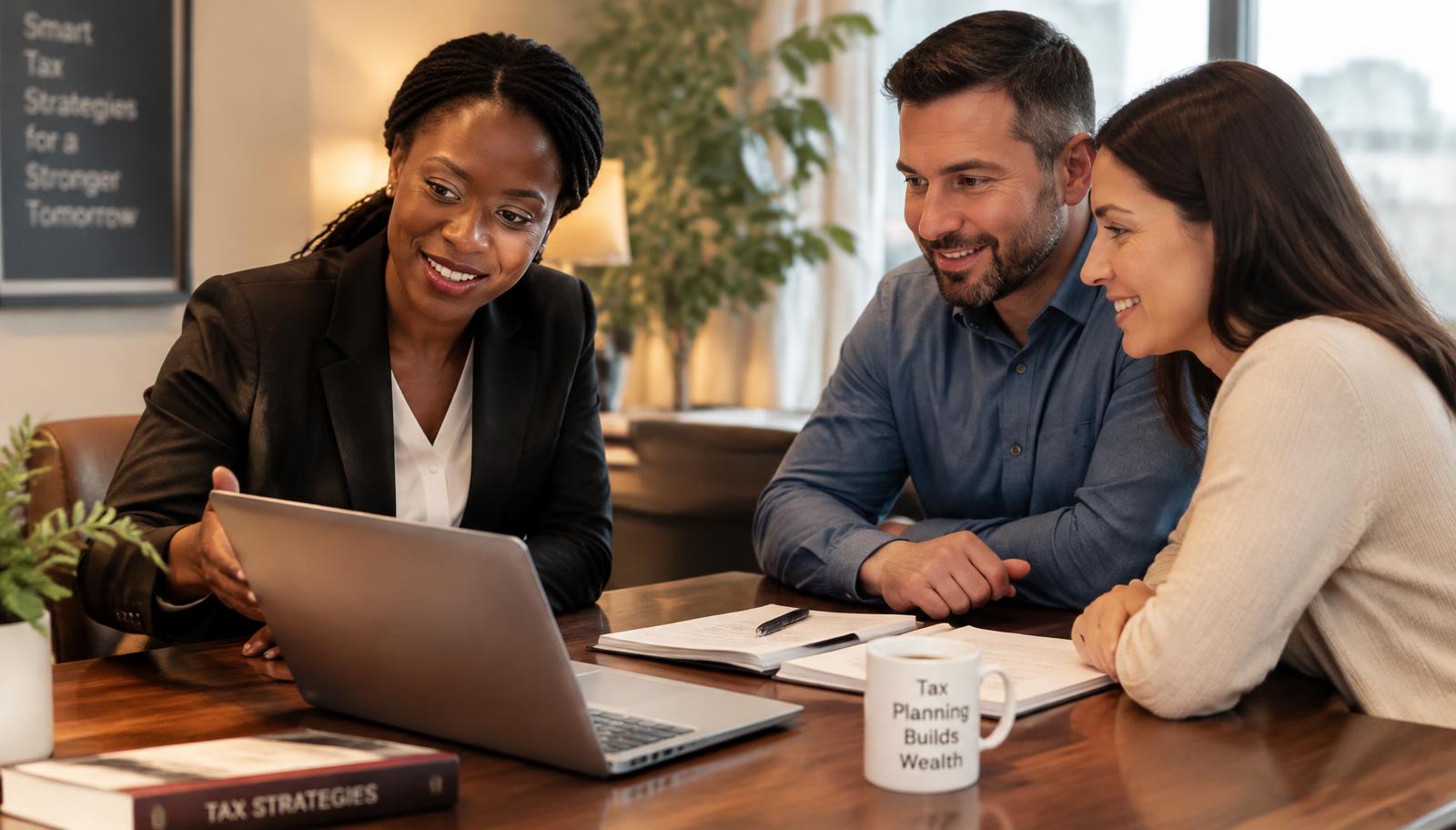 Tax advisor reviewing a return with a couple at her desk